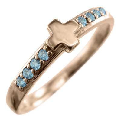 グランドセール クロス 指輪 デザイン ピンクゴールドk10 11月誕生石 ブルートパーズ(青) 指輪