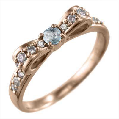 大特価!! 指輪 リボン ギフト アクアマリン ダイヤモンド 3月誕生石 18金ピンクゴールド 指輪