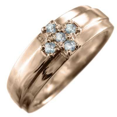 k18ピンクゴールド リング ファイブストーン アクアマリン 3月の誕生石 クロス