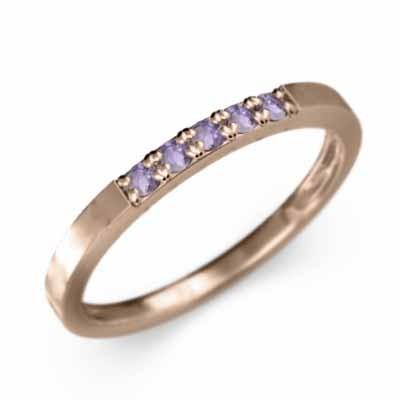 新規購入 ストーン ファイブ リング 平打ち アメジスト(紫水晶) 細め 幅約1.7mmリング ピンクゴールドk10 2月誕生石 指輪