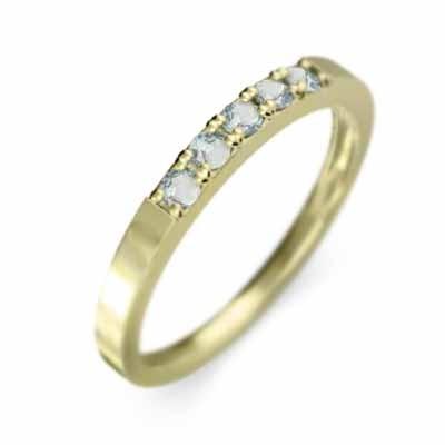 18金イエローゴールド 平打ち 指輪 ハーフ エタニティリング ファイブストーン 細身 リング アクアマリン 幅約2mmリング 少し細め