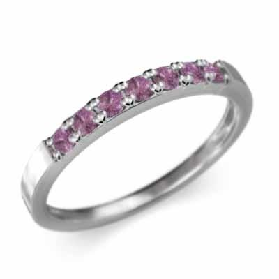 高品質の人気 平打ち ピンクサファイア リング 少し細め 幅約2mmリング k10ホワイトゴールド 10月の誕生石 リング エタニティー ハーフ 指輪