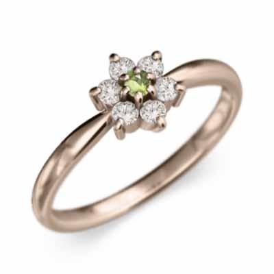 リング フラワー ペリドット 天然ダイヤモンド 18金ピンクゴールド