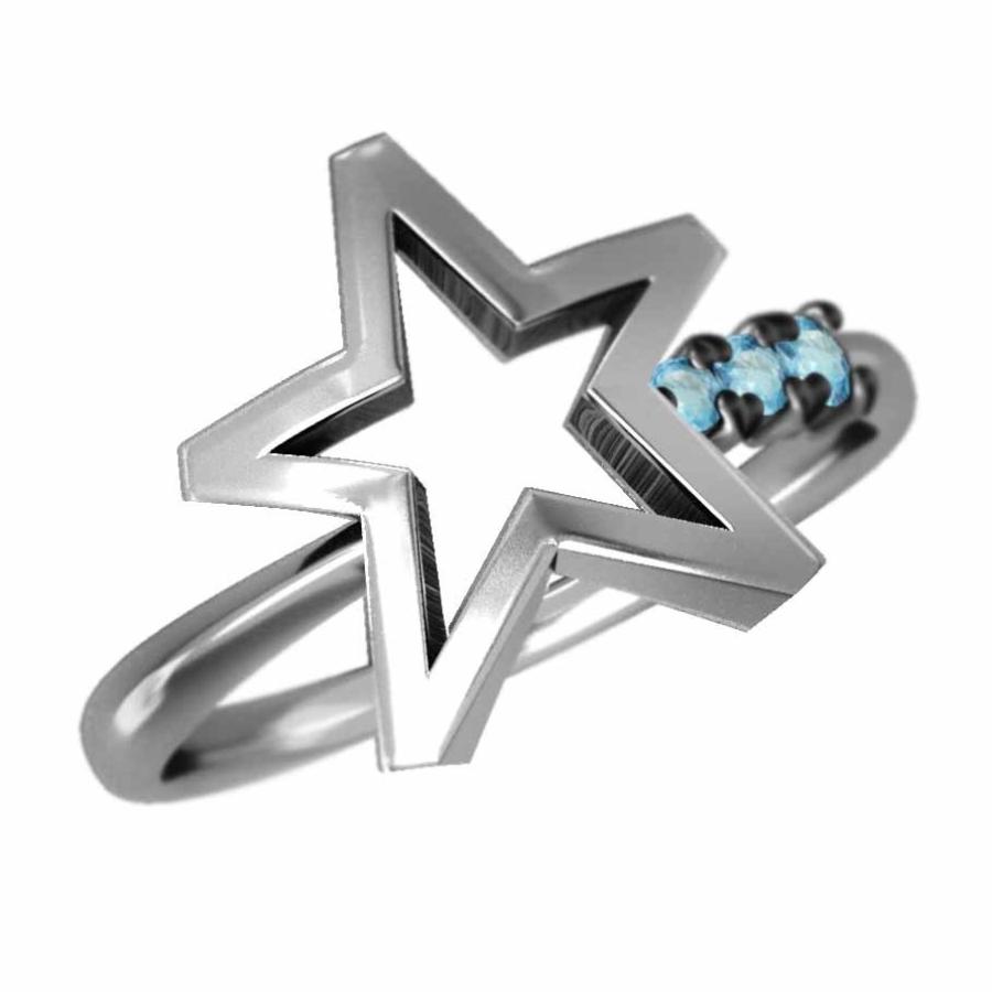 【期間限定お試し価格】 18kホワイトゴールド 指輪 Star スター 3石 11月の誕生石 ブルートパーズ(青) 指輪