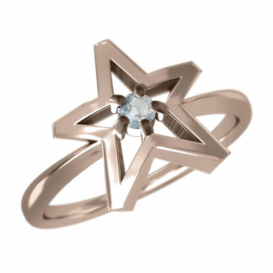 3年保証 アクアマリン 1粒石 リング 星 スター 指輪 K10ピンクゴールド アクアマリン スター Star 石 1粒 メンズアクセサリー