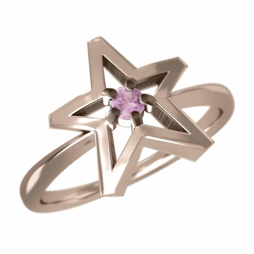 指輪 1粒 石 星 デザイン ピンクサファイア ピンクゴールドk18