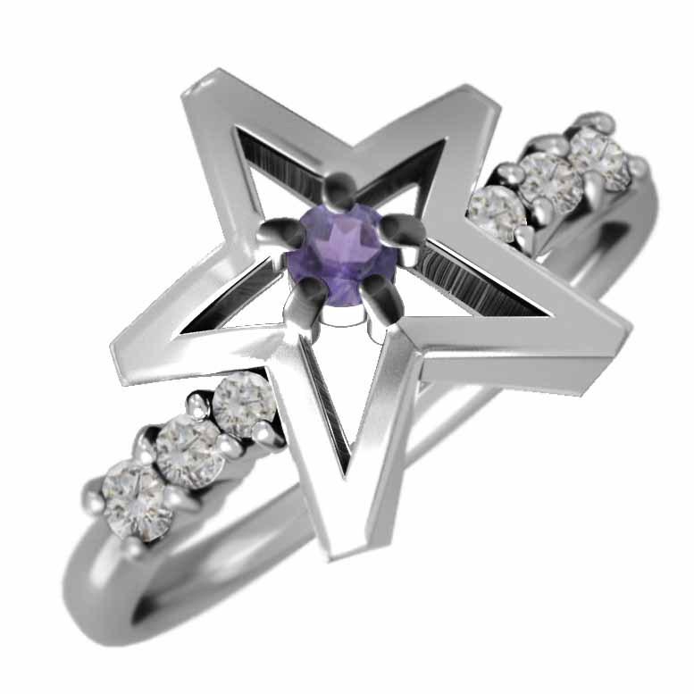 スター ヘッド 指輪 アメシスト(紫水晶) 天然ダイヤモンド 10金ホワイトゴールド