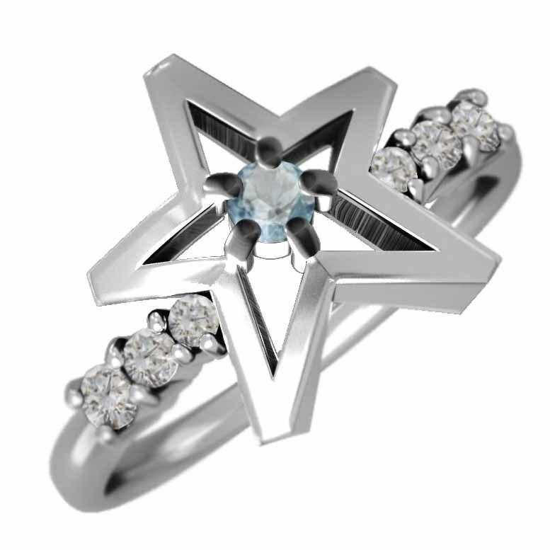 超美品 スター リング ジュエリー k18ホワイトゴールド 3月誕生石 天然ダイヤモンド アクアマリン 指輪