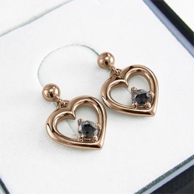 ブラックダイヤ(黒ダイヤ) 一粒石 k18ピンクゴールド ジュエリーピアス ハート 4月誕生石の画像