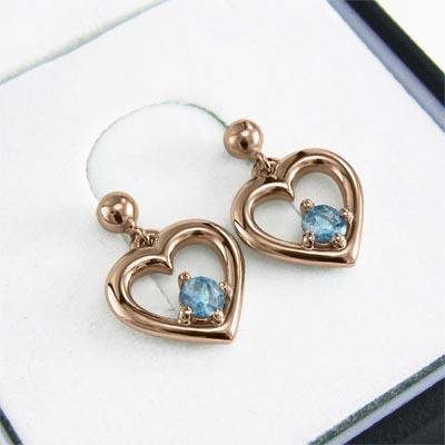 一粒石 ジュエリーピアス ピンクゴールドk18 11月の誕生石 ハート ブルートパーズ(青)の画像
