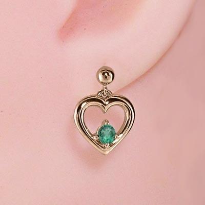 18金ピンクゴールド ピアス 一粒石 エメラルド ハート 5月誕生石の画像