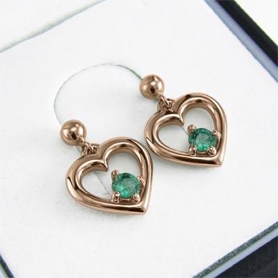 18金ピンクゴールド ピアス 一粒石 エメラルド ハート 5月誕生石の画像