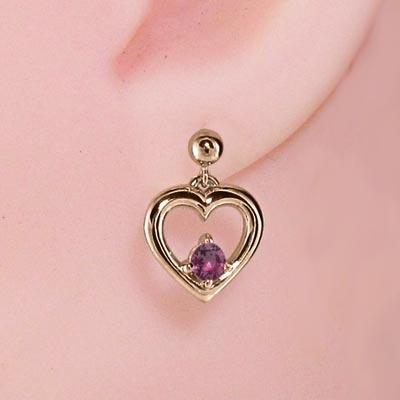 18金ピンクゴールド 7月の誕生石 ハート ルビー ピアス 一粒石の画像