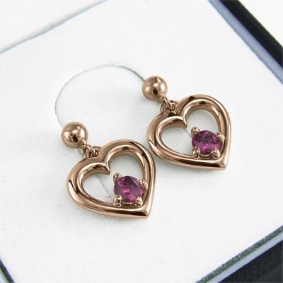 18金ピンクゴールド 7月の誕生石 ハート ルビー ピアス 一粒石の画像