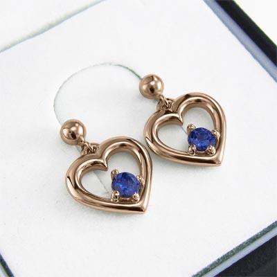 9月誕生石 k18ピンクゴールド サファイア(青) ピアス 一粒石 ハートの画像