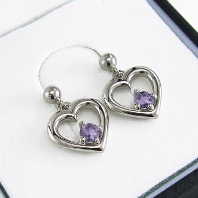 2月誕生石 ジュエリーピアス ハート アメジスト k18ホワイトゴールド 一粒石の画像