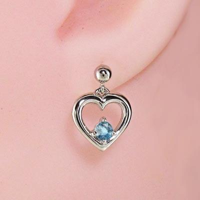 11月の誕生石 ブルートパーズ(青) ハート ピアス 一粒石 k18ホワイトゴールドの画像