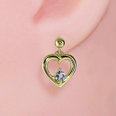 ハート ジュエリーピアス 一粒石 アクアマリン イエローゴールドk18 3月誕生石の画像