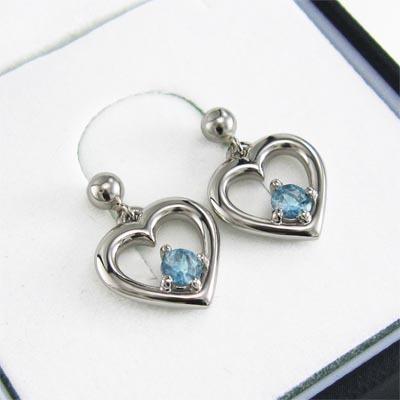 ハート 一粒石 ピアス 11月の誕生石 白金（プラチナ）900 ブルートパーズ(青)の画像