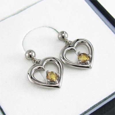 (黄水晶)シトリン 一粒石 ジュエリーピアス 白金（プラチナ）900 11月の誕生石 ハートの画像