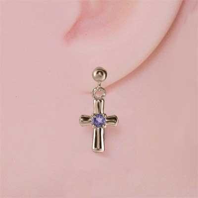 アメシスト(紫水晶) 2月の誕生石 ピアス クロス k18ピンクゴールド 一粒石の画像