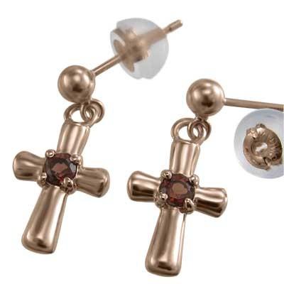 一粒石 k18ピンクゴールド ガーネット 1月誕生石 ピアス クロスの画像