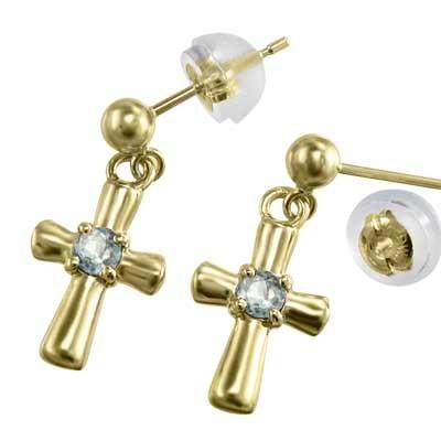 3月誕生石 クロス 一粒石 ピアス アクアマリン k18イエローゴールドの画像