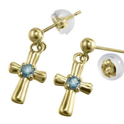 ピアス クロス ブルートパーズ(青) 一粒石 18金イエローゴールド 11月の誕生石の画像