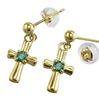 5月の誕生石 クロス ピアス エメラルド イエローゴールドk18 一粒石の画像