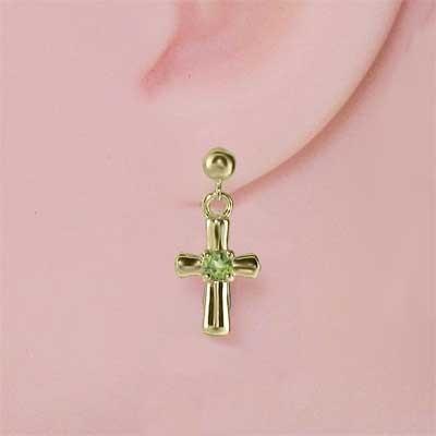 ペリドット ピアス 8月誕生石 k18イエローゴールド クロス 一粒石の画像