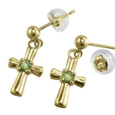 ペリドット ピアス 8月誕生石 k18イエローゴールド クロス 一粒石の画像
