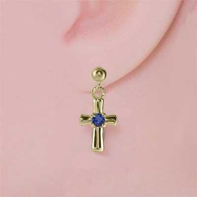 サファイア k18 一粒石 ピアス クロス 9月の誕生石の画像