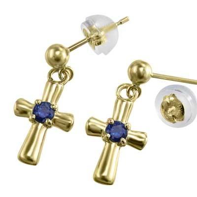 サファイア k18 一粒石 ピアス クロス 9月の誕生石の画像