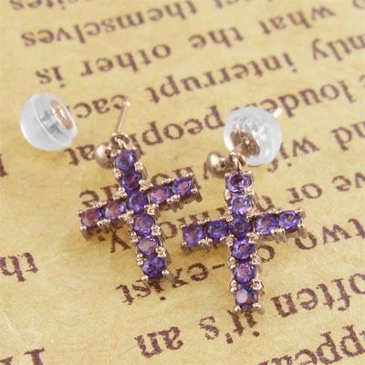 アメジスト 2月誕生石 ジュエリーピアス k18ピンクゴールド クロスの画像