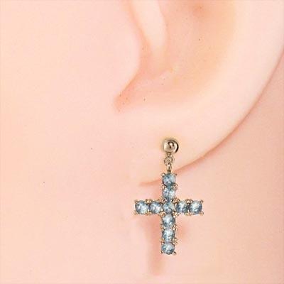 クロス 3月の誕生石 アクアマリン 18金ピンクゴールド ジュエリーピアスの画像