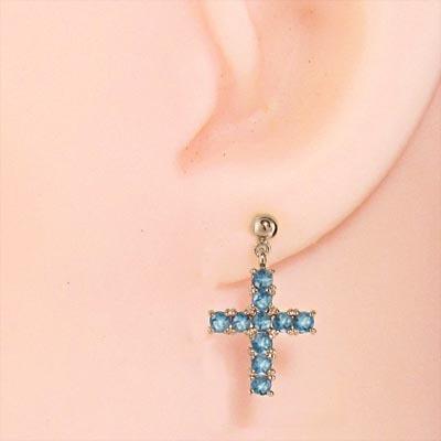 ブルートパーズ(青) ピアス 18金ピンクゴールド 11月誕生石 クロスの画像