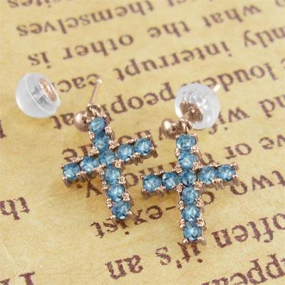 ブルートパーズ(青) ピアス 18金ピンクゴールド 11月誕生石 クロスの画像