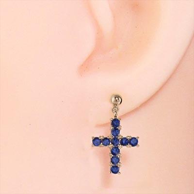 9月の誕生石 ピンクゴールドk18 ブルーサファイア クロス ジュエリーピアスの画像