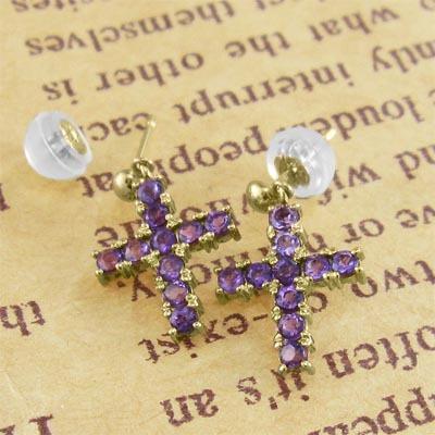 クロス 2月の誕生石 ピアス k18イエローゴールド アメシスト(紫水晶)の画像