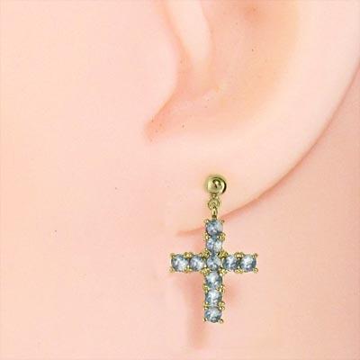 3月の誕生石 ジュエリーピアス クロス 18金イエローゴールド アクアマリンの画像