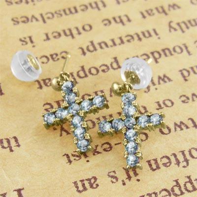 3月の誕生石 ジュエリーピアス クロス 18金イエローゴールド アクアマリンの画像
