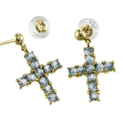 3月の誕生石 ジュエリーピアス クロス 18金イエローゴールド アクアマリンの画像