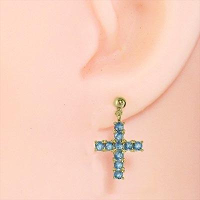 ブルートパーズ ジュエリーピアス 11月誕生石 k18イエローゴールド クロスの画像