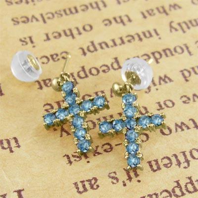 ブルートパーズ ジュエリーピアス 11月誕生石 k18イエローゴールド クロスの画像