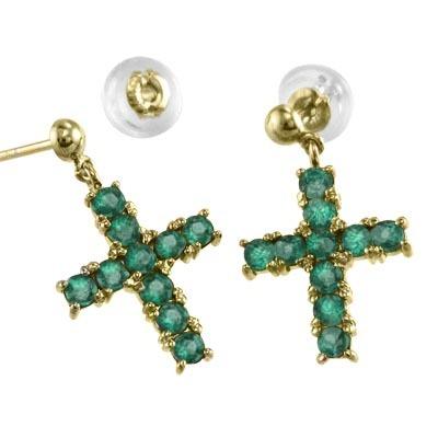 5月誕生石 クロス ピアス k18イエローゴールド エメラルドの画像