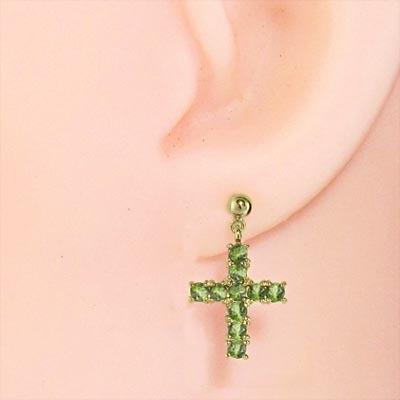 ジュエリーピアス 18金イエローゴールド クロス 8月の誕生石 ペリドットの画像