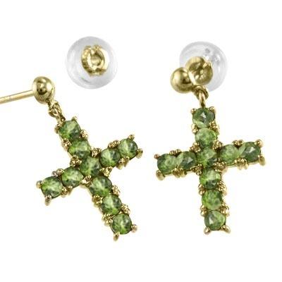 ジュエリーピアス 18金イエローゴールド クロス 8月の誕生石 ペリドットの画像
