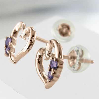 ピアス 2月の誕生石 18金ピンクゴールド ハート アメジスト(紫水晶)の画像
