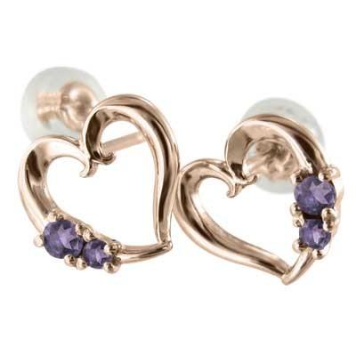 ピアス 2月の誕生石 18金ピンクゴールド ハート アメジスト(紫水晶)の画像