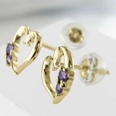ピアス 2月誕生石 18金イエローゴールド ハート アメシスト(紫水晶)の画像